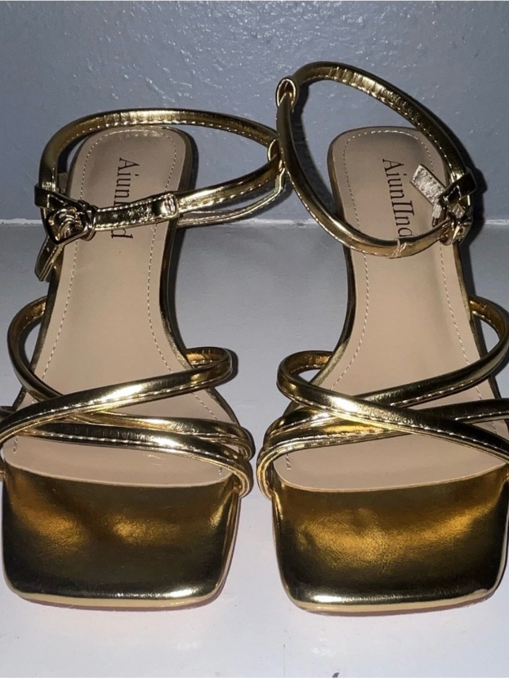 Gold Strappy Block Heel Sandals with Ankle Buckle